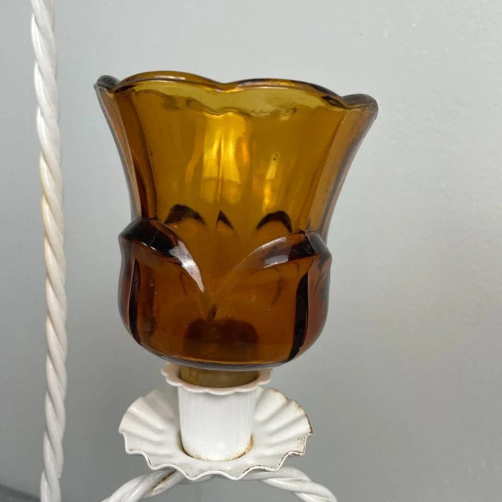 VTG Cottagecore Boho‎ White Twisted Metal Amber Glass Candle Holder Centerpiece